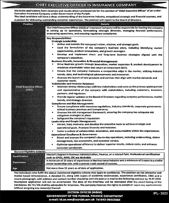Chief Executive Officer Job in Insurance Company Lahore